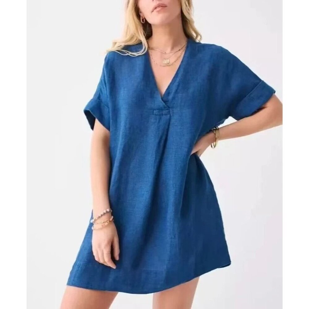 Faherty Womens XS Blue Sanibel Basketweave Dress Indigo 100% Linen Short Sleeve‎